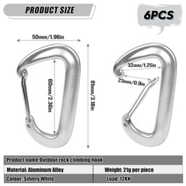 Pack of 6 Carabiner Hooks Large Heavy Duty Aluminium Carabiner 12 KN (1200 kg) Load Capacity Choice of 7 Colours for Outdoor Hammock Attachment Hiking Camping Camping Backpacking