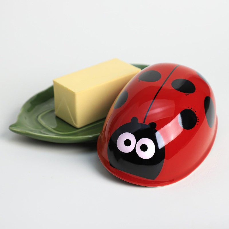 Bicuzat Ceramic Ladybug and Leaf Butter Dish with Lid, Butter