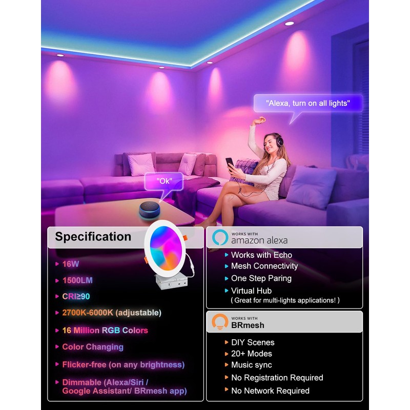 Smart Recessed Lighting 6 Inch, RGBCW Color Changing Canless Recessed