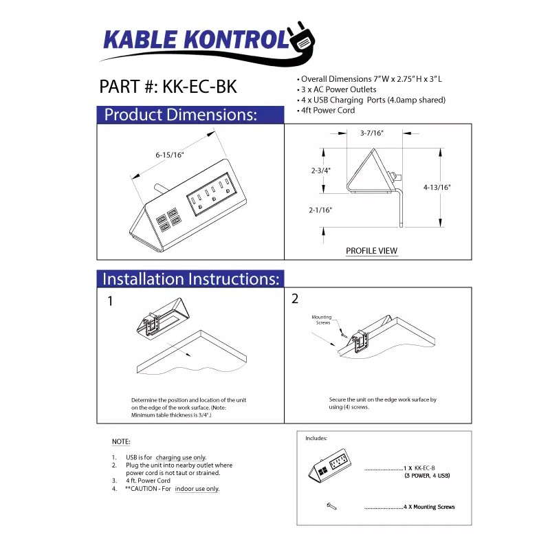 Kable Kontrol EdgeCharge - Desk Power Outlets & USB Hub