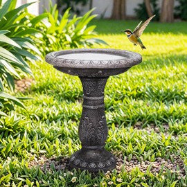 SunJet 24.4” H x 20” Dia Outdoor Birdbath with Intricate Floral Carvings Pedestal - Fibre Reinforced Concrete Birdbaths, Vintage Design for Garden Decor & Bird Attraction