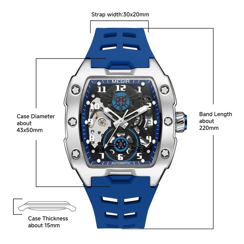 MEGIR Automatic Mechanical Men Watch, Silicone Band, 43x50mm Alloy Case,