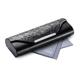 FEFI Glasses Case Hard Case – Elegant Design in Relief Leather Look with Chrome Appliqué, Robust and Durable, Includes High-Quality Microfibre Cloth, black