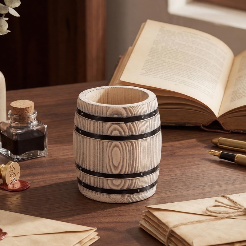 Hoowen Rustic Wooden Pen Holders for Desk, Wine Barrel Funny