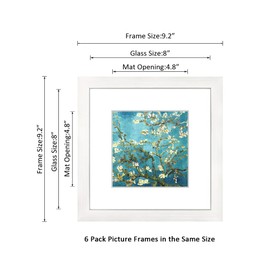 DEKWINN 8x8 Picture Frame Set of 6 with Real Glass for Pictures 5x5 with Mat or 8x8 Without Mat, Wall Mounting or Tabletop display Photo Frames in White