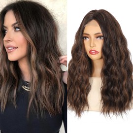 Fabunity 18 Inch Synthetic Body Wave Lace Front Wig with Highlights Brown and Blonde Middle Part Wigs for Women Heat Resistant Fiber Natural Looking Wigs for Daily Use (18 Inch H4/30)