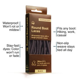 Adventure Andy Round Boot Laces: Universal Shoe Laces for Boots. Work Boot Laces Stay Tied. Boot Shoe Laces Men + Women (Black, 54" (130cm))