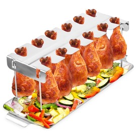 Chicken Leg Rack for Grill with Drip Tray - 12 Slots Drumstick Rack for Smoker, BBQ, and Lollipop Holder - Premium Stainless Steel Chicken Drumstick Holder for Roasting and Smoking