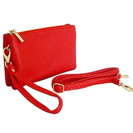 The Accessory Co. Womens Small Clutch Bag Plain Crossbody Purse Multi Compartment Pocket Evening Bridal with Wristlet and Long Shoulder Strap (Red)