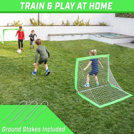 GoSports Team Tone 4 ft x 3 ft Portable Soccer Goals for Kids - Set of 2 Pop Up Nets for Backyard - Bright Green
