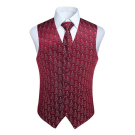 Enlision Men's Christmas tree pattern Waistcoat Festive Happy Waistcoats Necktie Pocket Square Handkerchief Vest Suit Set XS-4XL Burgundy