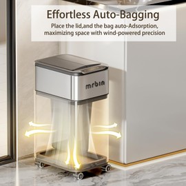 MRBIN Bathroom Stainless Steel Adsorption Motion Sensor Trash Can with Butterfly Lid and Wheels, 4 Gallon Kitchen Automatic Waste Garbage Basket for Office, Near Desk, Bedroom, Rv, Eclipse Grey