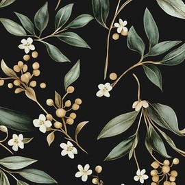 Extra Long Dark Peel and Stick Wallpaper 17.5" x 393" – Vintage Floral Green Leaf Botanical Self-Adhesive Vinyl Contact Paper for Bathroom Bedroom Kitchen Cabinet Drawer Walls PVC DIY Decor