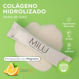 MILU | Colageno Hidrolizado Puro con Magnesio y Vitamina C 330gr - 30 Sobres de 11g | Suplemento Alimenticio Sin Sabor, Olor o Azúcar