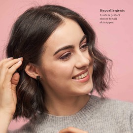 KEZEF Black CZ Stud Earrings for Men or Women, 14K White Gold, Yellow Gold, or Black Rhodium Plated Sterling Silver Studs, Princess Square Cut, 3-9mm, Hypoallergenic