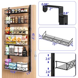 MIAOLI Over the Door Organizer, Black 6-Tier Pantry Door Organizer with Adjustable Basket, Hanging Spice Rack Cabinet Door Shelves, Laundry Room Organization and Storage