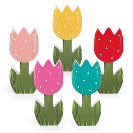 FYSUIMU 5 Pcs Retro Spring Tulip Wooden Table Sign Rustic Farmhouse Tulip Tabletop Centerpiece Colorful Flower Blocks Tiered Tray Decoration for Home Party Office Mantel Decor