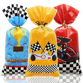 Race Car Goodie Bags 50Pieces, Car Racing Racer Champions Cup Checkered Flag Print Plastic Cellophane Candy Snack Gift Bags with Twist Ties, 3 Designs for Fast One Birthday Racing Theme Decorations