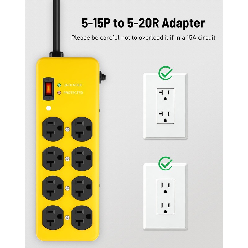 KeBen 20A Heavy Duty Power Strip Surge Protector,Yellow,12 Gauge,8AC/10FT