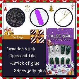KOLONAMS Christmas Long Press on Nails Green Fake Nails with Christmas Tree Snowflake Design Almond False Nails Full Cover Glossy Stick on Nails Wearable Christmas Party Acrylic Nails for Women 24Pcs