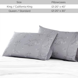 Southshore Fine Living, Inc. Myosotis Collection 100% Cotton Queen Pillow Cases Set of 2, Silky Soft, Hotel Quality Floral Sateen Pillowcases Standard Size, Queen, Full, Twin Beds, 20" x 30", Grey