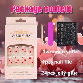 Valentine's Day Heart Press on Nails Short White French Tips Fake Nails Square Valentine's Day Glue on Nails Full Cover Stick on Nails Artificial Nail Art Decorations Acrylic False Nails for Woemn