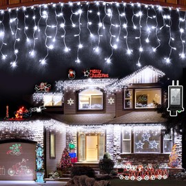 XIKENGSHQ 504 LED 49FT Icicle Lights Outdoor - 112 Drops Waterproof Christmas Lights 12 Modes, Christmas Decorations for Window Eaves Garden Wedding Party Lighting Cool White