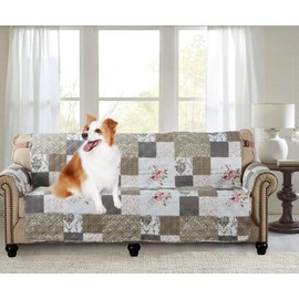 Brilliant Sunshine Rose and Toile Patchwork Couch Cover, Quilted X-Large Sofa Slipcover, 78" Seat Width, Slip Resistant Furniture Protector, 2" Strap, Washable Couch Cover for Kids, Dogs, Rose Grey
