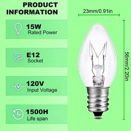 ALSHKASS C7 15W E12 Bulbs, Replacement Bulb for Himalayan Salt Lamps/Night Lights,Dimmable 2200K Clear,120V Incandescent Candle Bulbs (6-Pack)