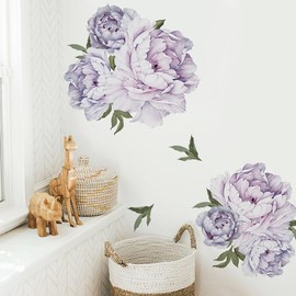 Runtoo Purple Flowers Wall Decals Backdrop Boho Peony Floral Wall Art Stickers for Girls Bedroom Living Room Office Home Decor