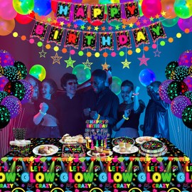 Pack of 163 Glow Neon Party Supplies Glow Party Tableware Set Neon Birthday Party Decorations Including Plates Banner Balloons Napkins Tablecloths Neon in Dark Theme Party Supplies Serves 40