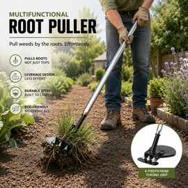 Manual Root Puller Tool for Garden & Farm Use – Long Handle 4-Tooth Weed Remover for Soil, Stumps & Plant Roots