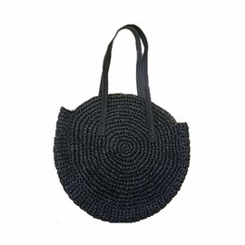 SHTGOI Women's Round Straw Bag, Vintage Handmade Shoulder Bag, Large Capacity Beach Bag, Bohemian Shoulder Bag, Basket Bag with Zip, Braided Bag for Travel, Holiday, Black
