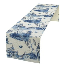Vintage Ink Table Runner, Asian Oriental Chinoiserie Mountains Trees Landscape Kitchen Dining Table Decoration for Indoor Outdoor Home Party Decor, 13x36inch