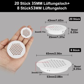 Furuising 28 pieces round ventilation grille, 35 mm and 53 mm, ventilation grille, stainless steel, ventilation grille, white, ventilation cover set for cabinet, wardrobe, shoe cabinets, caravan