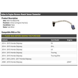 Marketplace Auto Parts Inline to Engine Harness Knock Sensor Connector - Compatible with 2008-2017 Honda Odyssey J35A7