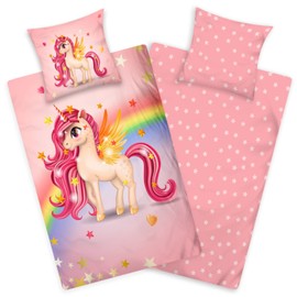 Aminata kids Children's Bed Linen 135 x 200 cm Girls Unicorn Cotton Pink with Zip with Rainbow Animal Motif Horse Reversible Children's Bed Linen for Single Bed