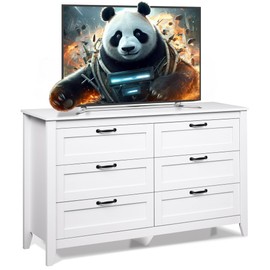 WLIVE 6 Drawer Dresser, Retro Chest of Drawers with Metal Handle, Double Wood Dresser for Bedroom, Living Room, Large Storage Cabinet, White