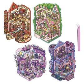 4 Set DIY 3D House Stickers Make Your Own Home, Miniature Room Scene Cartoon Stickers for Adult Pass The Time Relief Stress Gifts Crafts(Mi25104)