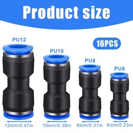 EIH1 Pneumatic Straight Reducer Push to Connect Adapter Quick Release Reducer Fittings 6 mm / 8 mm / 10 mm / 12 mm Pack of 16, yellow