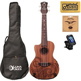 Luna Guitars A/E Concert Tattoo LEFTY w/Strings,Tuner & PC