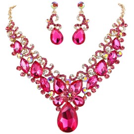 BriLove Costume Fashion Jewelry Set for Women Crystal Teardrop Marquise Butterfly Filigree Enamel Statement Neckalce Dangle Earrings Fuchsia Gold-Toned
