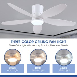 Surtime 48" Ceiling Fans with Lights-Low Profile Ceiling Fan with Light and Remote/APP Control,Flush Mount,DC Reversible,LED Dimmable Modern Ceiling Fans for Bedroom,Indoor/Outdoor Patio Use(White)
