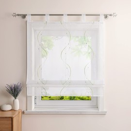 Heichkell Roman Blind with Loops, Voile Transparent Curtain, Embroidered, Modern Roman Curtain for Kitchen, Living Room, Bedroom, Green, W x H 80 x 140 cm