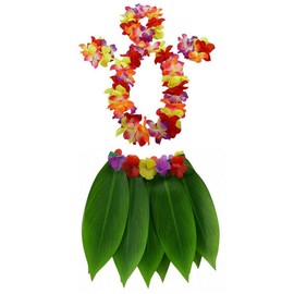 Ti Leaf Falda hawaiana de zacate hula con flores Leis para mujeres, niñas, hombres, trajes de fiesta Luau, Talla adulta, verde, One Size