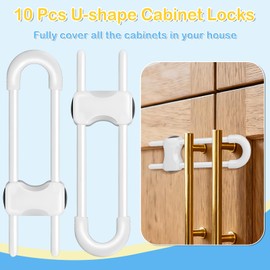 10 Pcs Sliding Cabinet Latches, U Shaped Cabinet Door Locks, Baby Cabinet Safety Latches for Baby Proofing, No Drilling Tool-Free Installation Easy to Use for Knobs or Handle Double Door