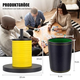 Schocken Set of 5 Leather Dice Cups 25 Dice Shock Cutlery Wood with 14 Discs and Stand Shock Cutlery Set for Jule Meiern Maxen Mortars Yellow Black 10 x 10 cm