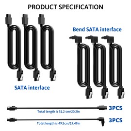 Kasoud 3PCS Sata Cable Iii 6gbps Straight Hdd Sdd Data Cable and 3PCS 90 Degree Right Angle Sata Cables, Straight 7 PinSata Iii Cable with Locking Latch forSata Hdd, Ssd, CD Driver, CD Writer (0.5m)