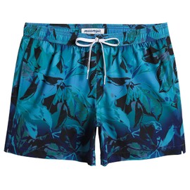 maamgic Mens Boys 80s 90s Vintage 4 Way Stretch Swim Trunks with Mesh Lining Quick Dry Swim Suits Board Shorts Tropical Leaves Drak Blue Small