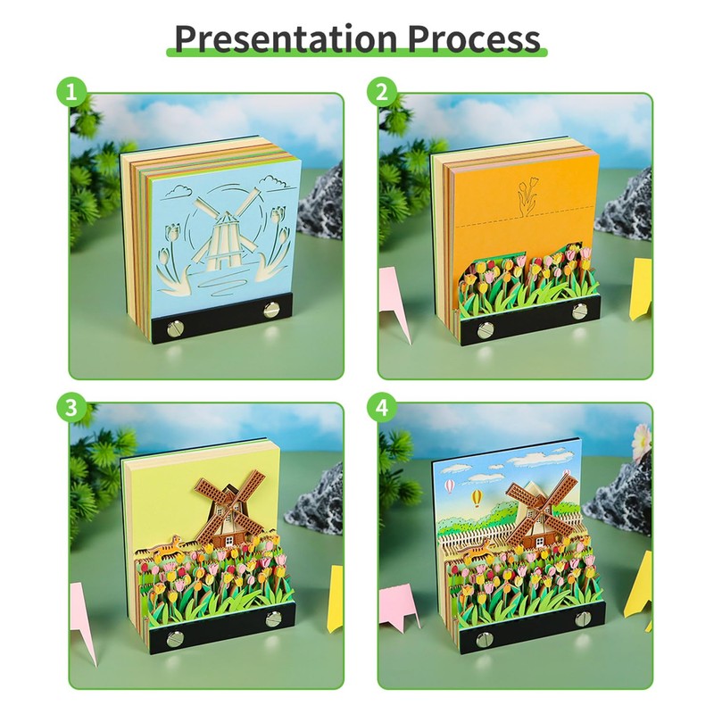 SIWEME 3D Memo Pad, Windmill 3D Notepad Paper Carving Non-Stick